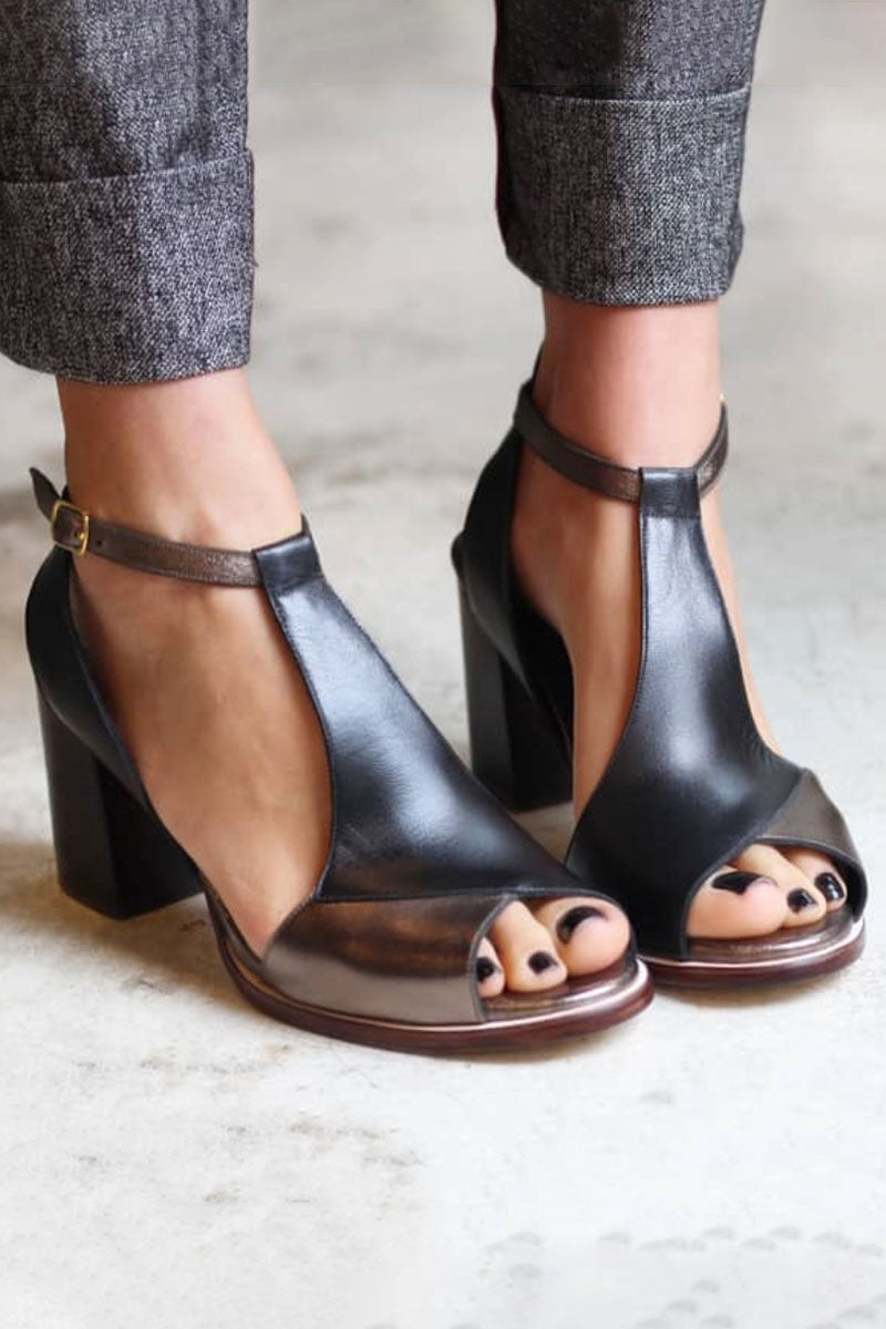 Nadaria | Čierne sandále peep toe s patchworkom na podpätku