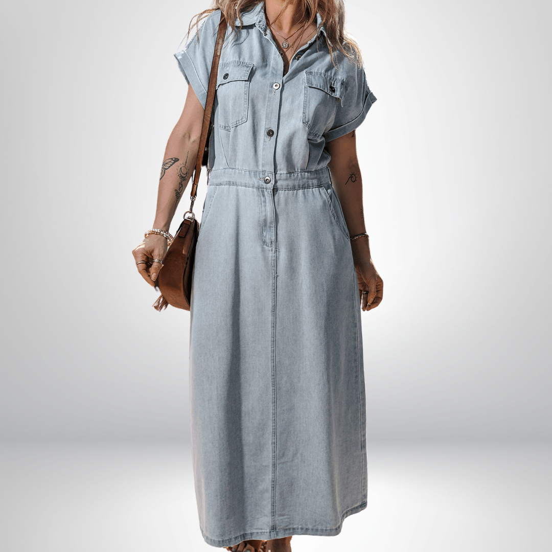 Isabelle - Denim šaty s elegantnými, krátkymi netopierími rukávmi