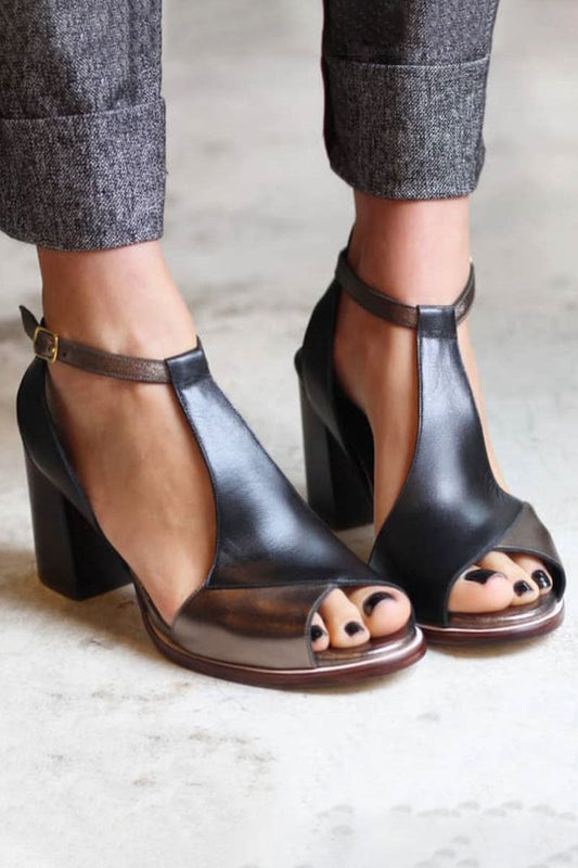 Nadaria | Čierne sandále peep toe s patchworkom na podpätku