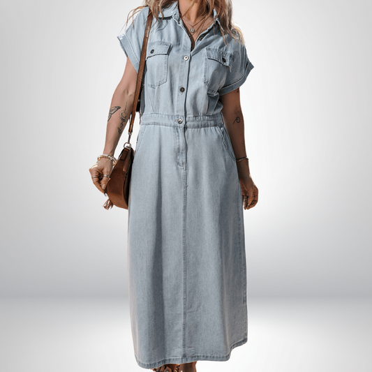 Isabelle - Denim šaty s elegantnými, krátkymi netopierími rukávmi