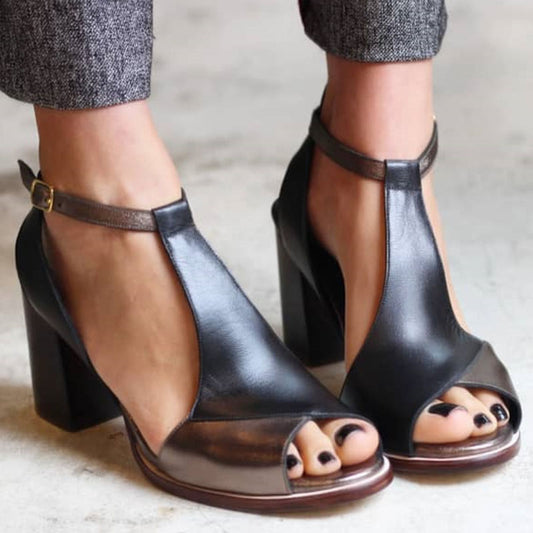 Nadaria | Čierne sandále peep toe s patchworkom na podpätku