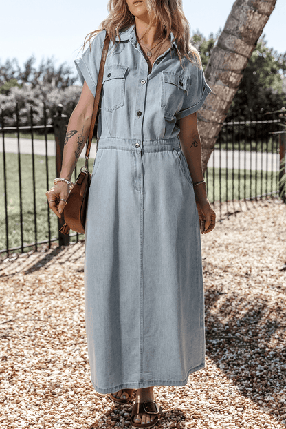 Isabelle - Denim šaty s elegantnými, krátkymi netopierími rukávmi