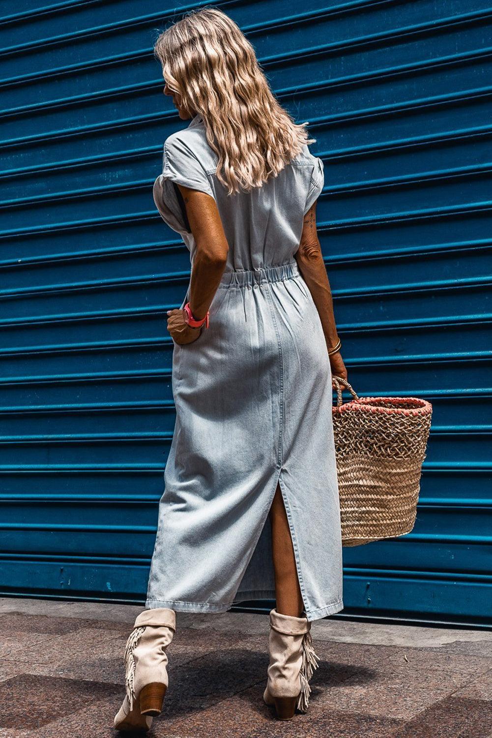 Isabelle - Denim šaty s elegantnými, krátkymi netopierími rukávmi
